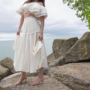 Elegant Cream Tiered Midi Skirt - Women's Skirt